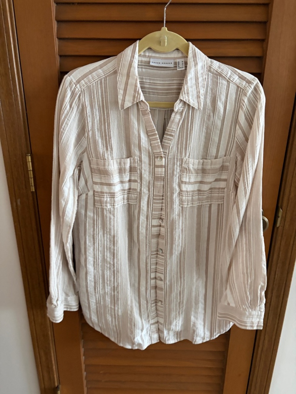Susan Graver Cream and Tan Striped Button-Front Shirt